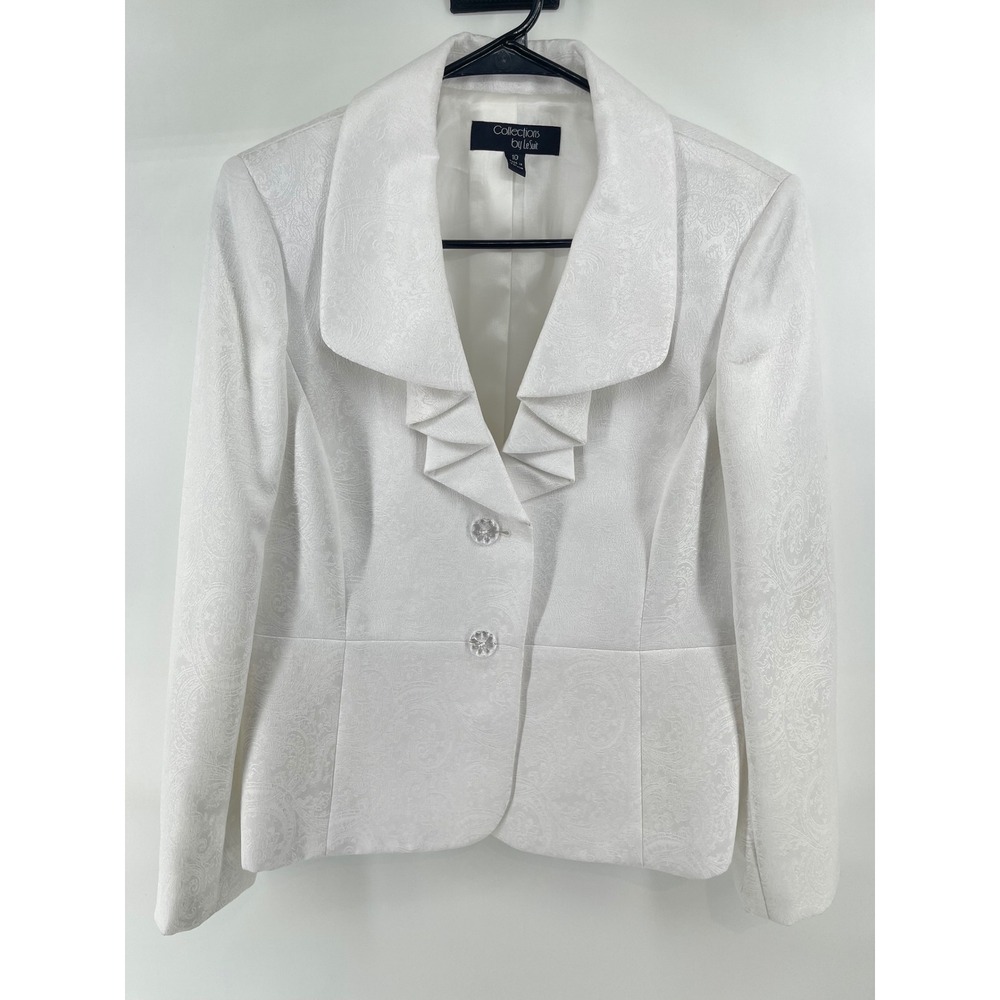 Collections by Le Suit Blazer Women 10 Wedding White Paisley Ruffle Rhinestone